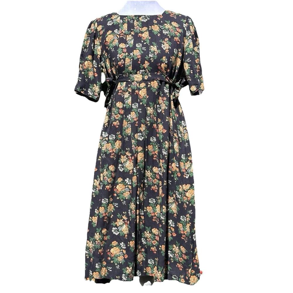 VINTAGE 70s mindy malone Floral Dress Side Tie empire waist romantic cottage Sz5
